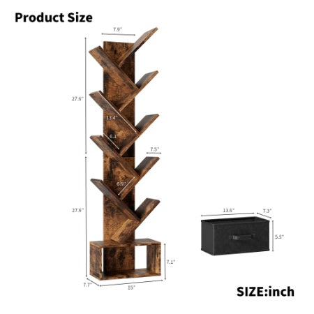 Modern 9-Tier Tree Bookshelf wDrawer with Rustic Brown Bookcase for Home & Office