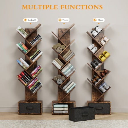 Modern 9-Tier Tree Bookshelf wDrawer with Rustic Brown Bookcase for Home & Office