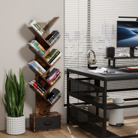 Modern 9-Tier Tree Bookshelf wDrawer with Rustic Brown Bookcase for Home & Office