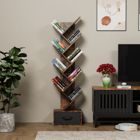 Modern 9-Tier Tree Bookshelf wDrawer with Rustic Brown Bookcase for Home & Office